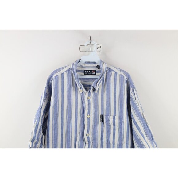 Vintage 90s Fila Sport Mens XL Linen Blend Striped Short Sleeve Button Shirt - Picture 2 of 14